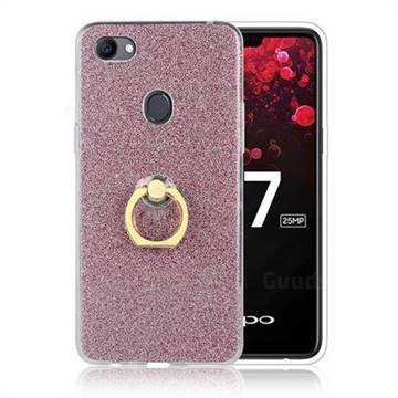 Luxury Soft TPU Glitter Back Ring Cover with 360 Rotate Finger Holder Buckle for Oppo F7 - Pink