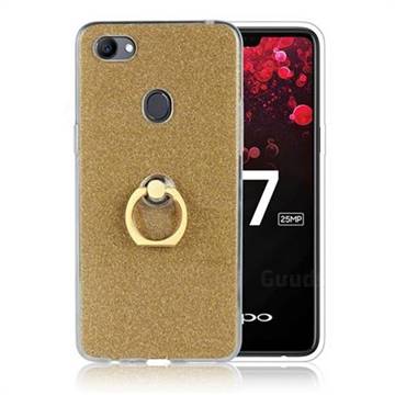 Luxury Soft TPU Glitter Back Ring Cover with 360 Rotate Finger Holder Buckle for Oppo F7 - Golden