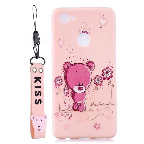 Pink Flower Bear Soft Kiss Candy Hand Strap Silicone Case for Oppo F7