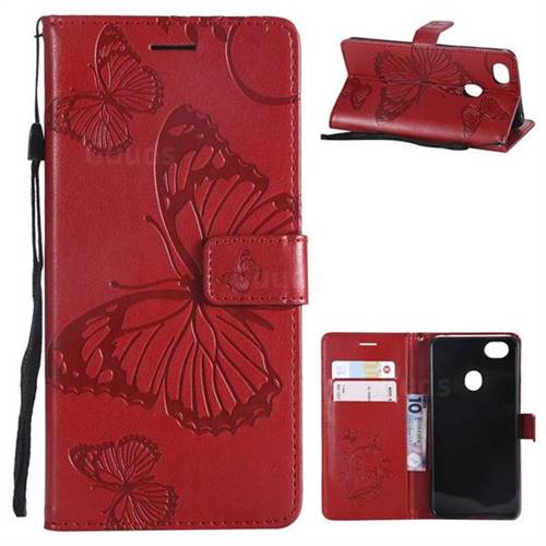 Embossing 3D Butterfly Leather Wallet Case for Oppo F7 - Red