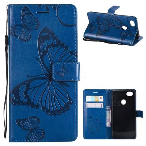 Embossing 3D Butterfly Leather Wallet Case for Oppo F7 - Blue