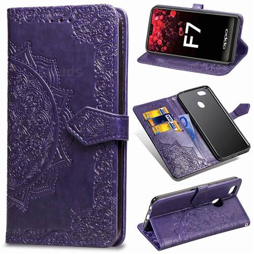 Embossing Imprint Mandala Flower Leather Wallet Case for Oppo F7 - Purple