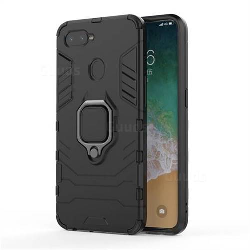Black Panther Armor Metal Ring Grip Shockproof Dual Layer Rugged Hard Cover for Oppo F9 (F9 Pro) - Black