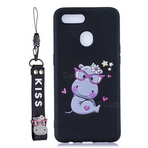 Black Flower Hippo Soft Kiss Candy Hand Strap Silicone Case for Oppo F9 (F9 Pro)