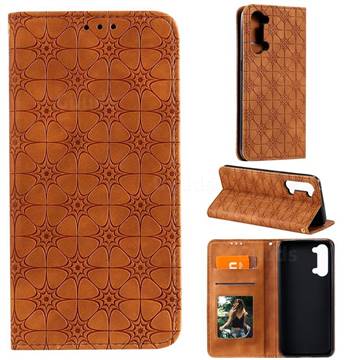 Intricate Embossing Four Leaf Clover Leather Wallet Case for Oppo Find X2 Lite - Yellowish Brown