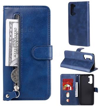Retro Luxury Zipper Leather Phone Wallet Case for Oppo Find X2 Lite - Blue