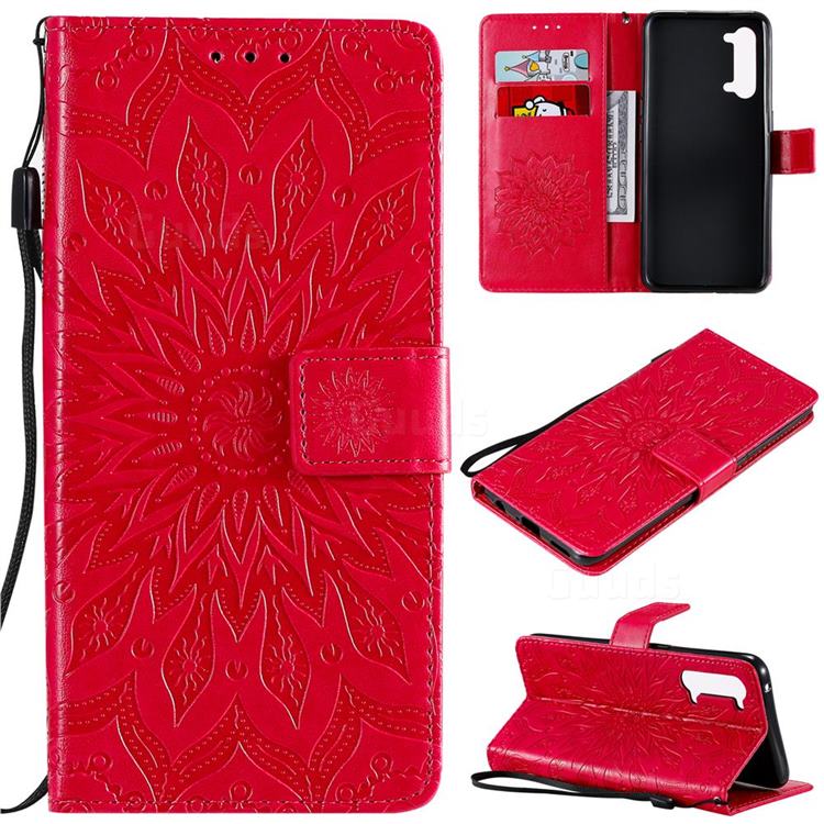 Embossing Sunflower Leather Wallet Case for Oppo Find X2 Lite - Red