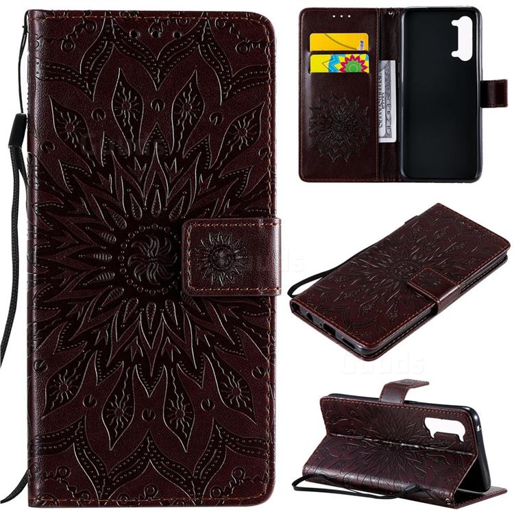 Embossing Sunflower Leather Wallet Case for Oppo Find X2 Lite - Brown