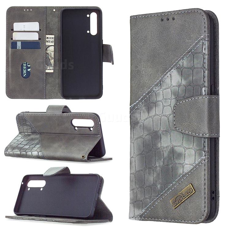 BinfenColor BF04 Color Block Stitching Crocodile Leather Case Cover for Oppo Find X2 Lite - Gray
