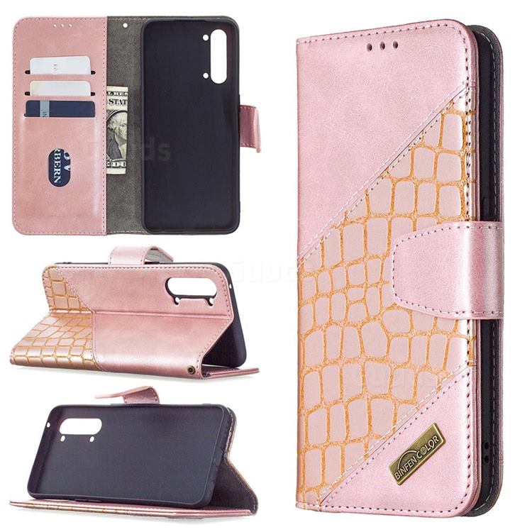 BinfenColor BF04 Color Block Stitching Crocodile Leather Case Cover for Oppo Find X2 Lite - Rose Gold