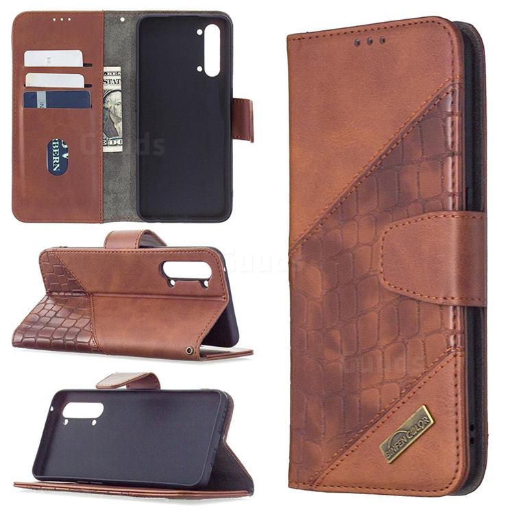 BinfenColor BF04 Color Block Stitching Crocodile Leather Case Cover for Oppo Find X2 Lite - Brown