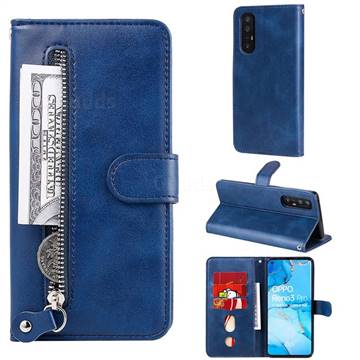 Retro Luxury Zipper Leather Phone Wallet Case for Oppo Find X2 Neo - Blue