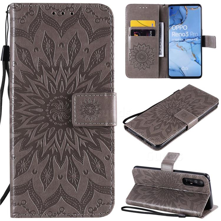 Embossing Sunflower Leather Wallet Case for Oppo Find X2 Neo - Gray