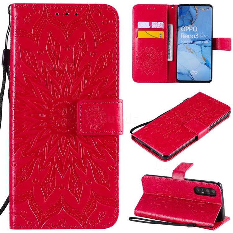 Embossing Sunflower Leather Wallet Case for Oppo Find X2 Neo - Red