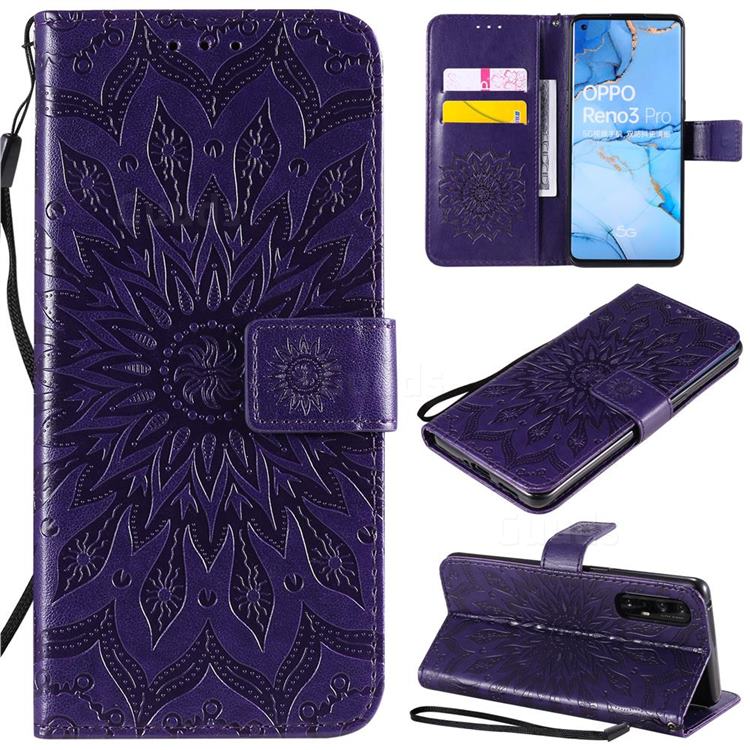Embossing Sunflower Leather Wallet Case for Oppo Find X2 Neo - Purple