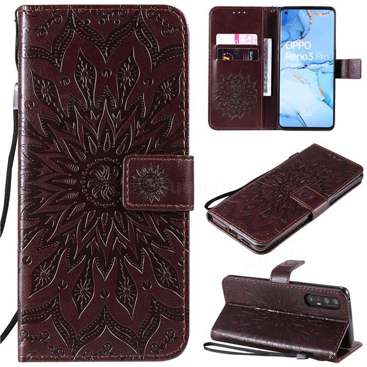 Embossing Sunflower Leather Wallet Case for Oppo Find X2 Neo - Brown