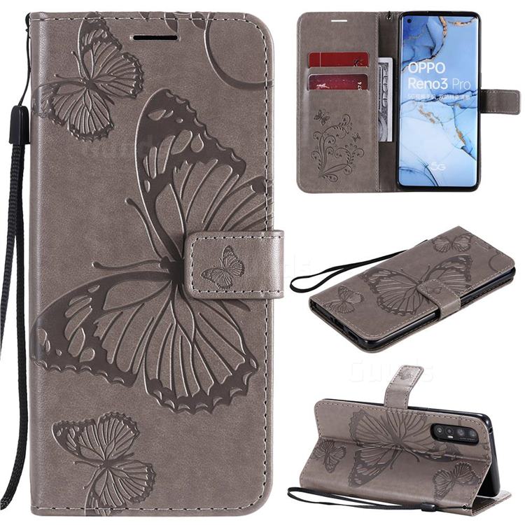 Embossing 3D Butterfly Leather Wallet Case for Oppo Find X2 Neo - Gray