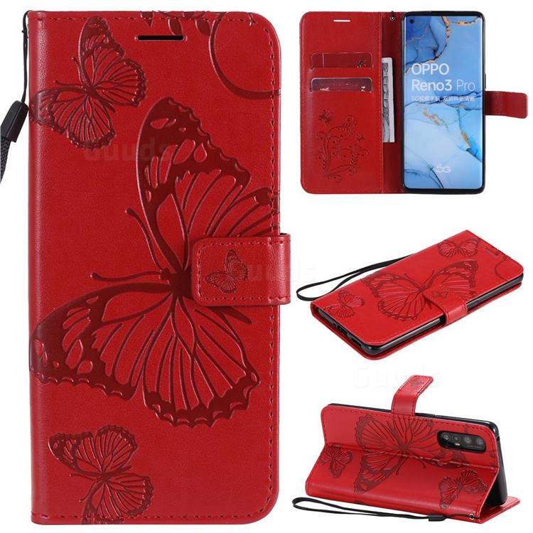 Embossing 3D Butterfly Leather Wallet Case for Oppo Find X2 Neo - Red