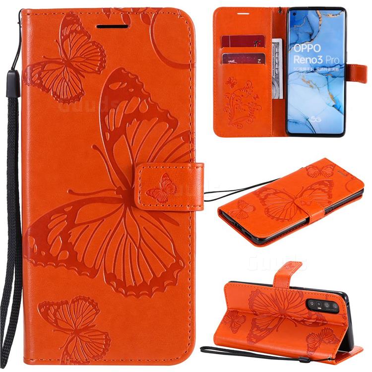 Embossing 3D Butterfly Leather Wallet Case for Oppo Find X2 Neo - Orange