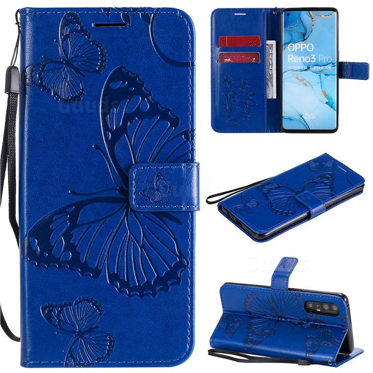 Embossing 3D Butterfly Leather Wallet Case for Oppo Find X2 Neo - Blue