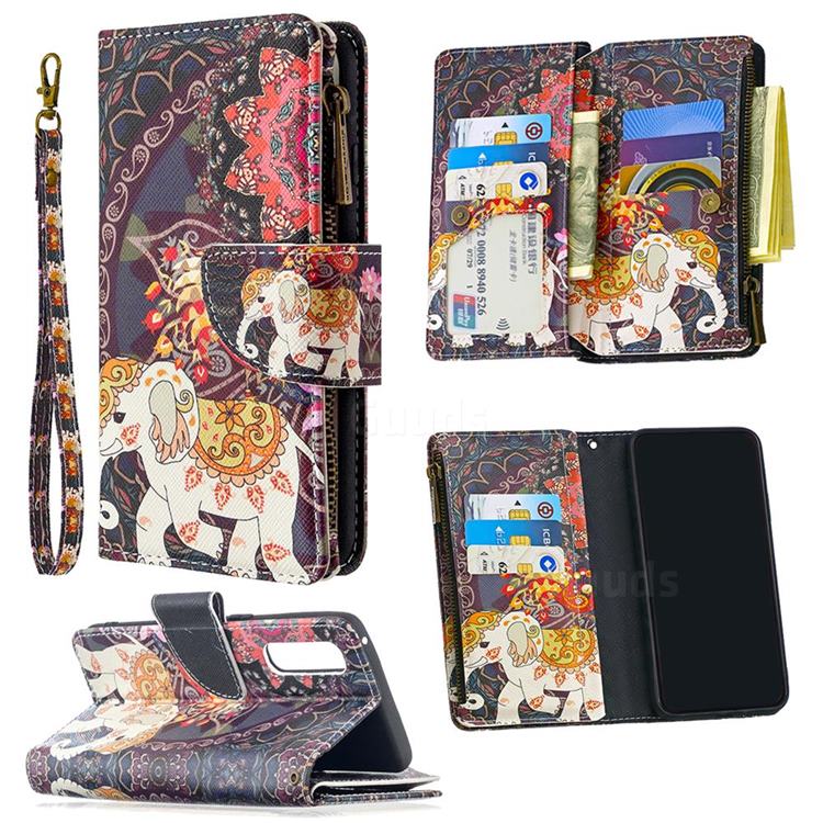 Totem Flower Elephant Binfen Color BF03 Retro Zipper Leather Wallet Phone Case for Oppo Find X2 Neo