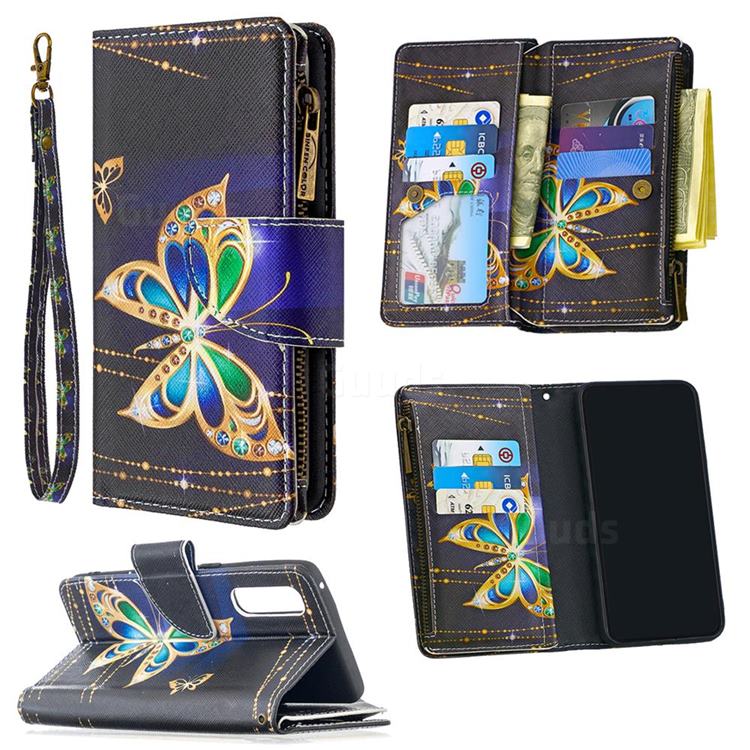 Golden Shining Butterfly Binfen Color BF03 Retro Zipper Leather Wallet Phone Case for Oppo Find X2 Neo