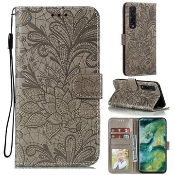 Intricate Embossing Lace Jasmine Flower Leather Wallet Case for Oppo Find X2 Pro - Gray