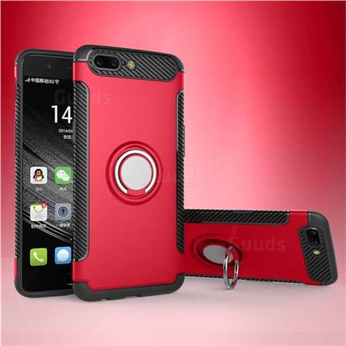 Armor Anti Drop Carbon PC + Silicon Invisible Ring Holder Phone Case for OnePlus 5 - Red