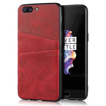 Simple Calf Card Slots Mobile Phone Back Cover for OnePlus 5 - Red