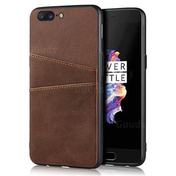 Simple Calf Card Slots Mobile Phone Back Cover for OnePlus 5 - Coffee