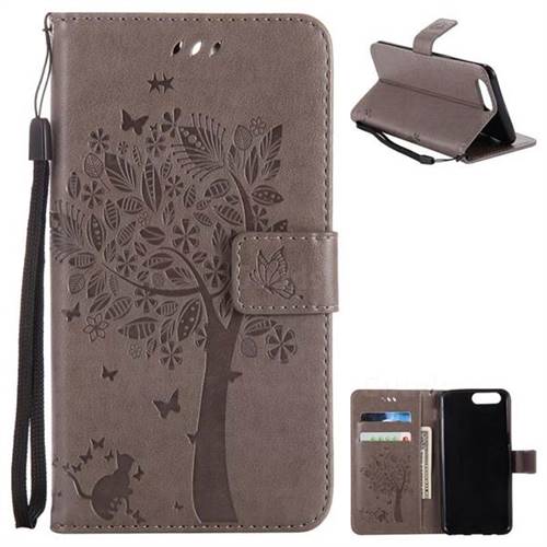 Embossing Butterfly Tree Leather Wallet Case for OnePlus 5 - Grey
