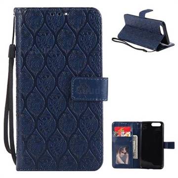 Intricate Embossing Rattan Flower Leather Wallet Case for OnePlus 5 - Navy