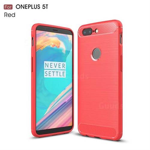 Luxury Carbon Fiber Brushed Wire Drawing Silicone TPU Back Cover for OnePlus 5T - Red