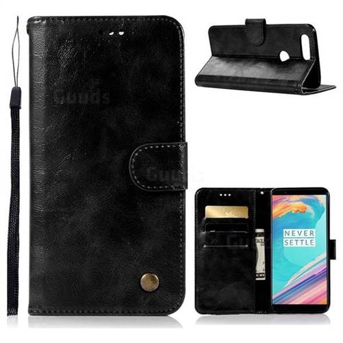 Luxury Retro Leather Wallet Case for OnePlus 5T - Black