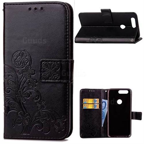Embossing Imprint Four-Leaf Clover Leather Wallet Case for OnePlus 5T - Black
