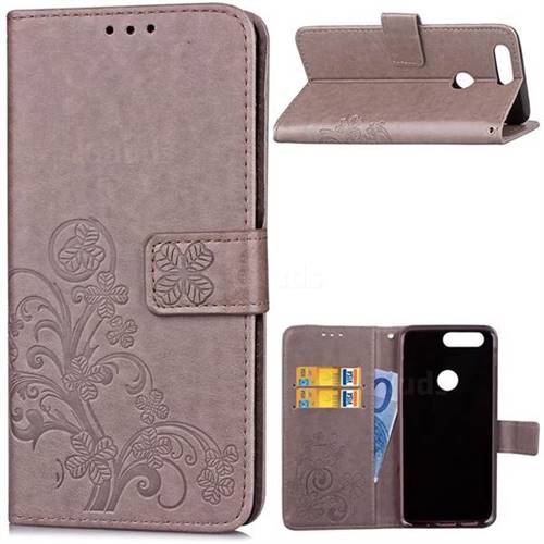 Embossing Imprint Four-Leaf Clover Leather Wallet Case for OnePlus 5T - Grey