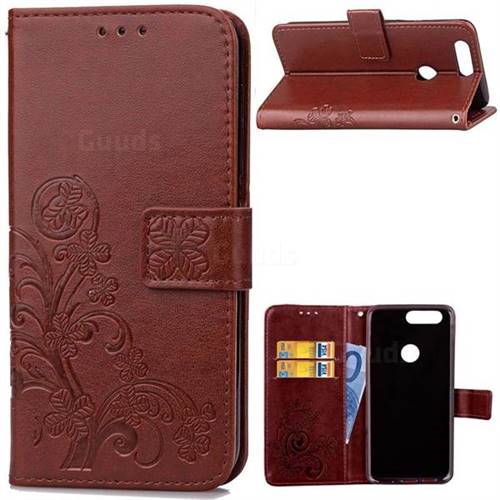 Embossing Imprint Four-Leaf Clover Leather Wallet Case for OnePlus 5T - Brown