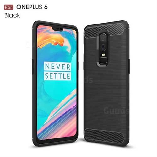 Luxury Carbon Fiber Brushed Wire Drawing Silicone TPU Back Cover for OnePlus 6 - Black