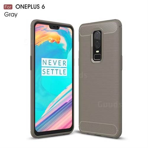 Luxury Carbon Fiber Brushed Wire Drawing Silicone TPU Back Cover for OnePlus 6 - Gray