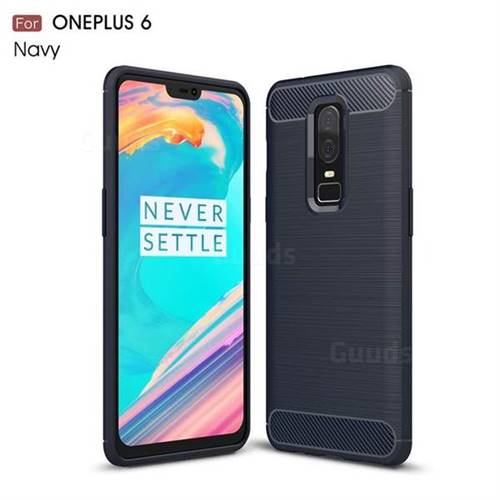 Luxury Carbon Fiber Brushed Wire Drawing Silicone TPU Back Cover for OnePlus 6 - Navy