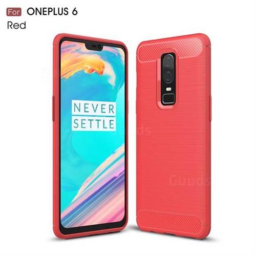 Luxury Carbon Fiber Brushed Wire Drawing Silicone TPU Back Cover for OnePlus 6 - Red