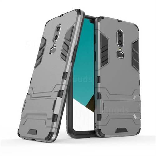 Armor Premium Tactical Grip Kickstand Shockproof Dual Layer Rugged Hard Cover for OnePlus 6 - Gray