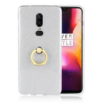 Luxury Soft TPU Glitter Back Ring Cover with 360 Rotate Finger Holder Buckle for OnePlus 6 - White
