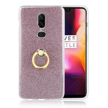 Luxury Soft TPU Glitter Back Ring Cover with 360 Rotate Finger Holder Buckle for OnePlus 6 - Pink