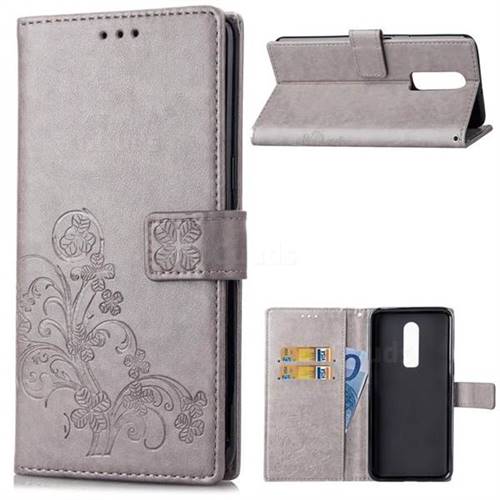 Embossing Imprint Four-Leaf Clover Leather Wallet Case for OnePlus 6 - Grey