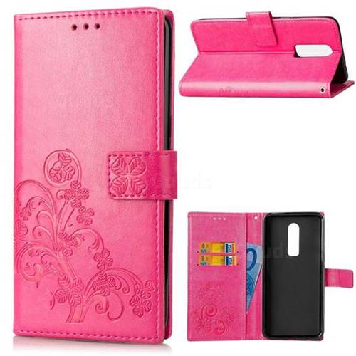 Embossing Imprint Four-Leaf Clover Leather Wallet Case for OnePlus 6 - Rose