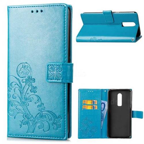 Embossing Imprint Four-Leaf Clover Leather Wallet Case for OnePlus 6 - Blue