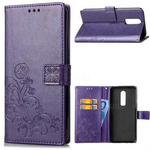 Embossing Imprint Four-Leaf Clover Leather Wallet Case for OnePlus 6 - Purple