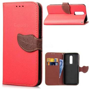 Leaf Buckle Litchi Leather Wallet Phone Case for OnePlus 6 - Red