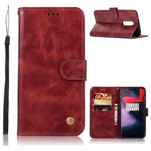 Luxury Retro Leather Wallet Case for OnePlus 6 - Wine Red